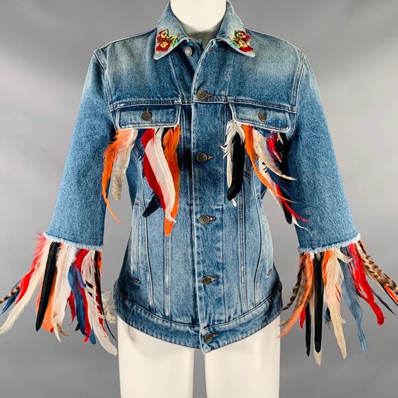DOLCE & GABBANA Size XS Blue Multi-Color Cotton Feathers Denim Jacket - Picture 1 of 8
